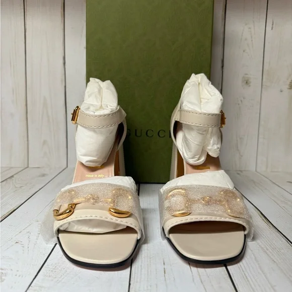 Gucci Nappa Horsebit Cross Strap Sandals Mystic White Sz 40.5 / 10.5 - Picture 4 of 14